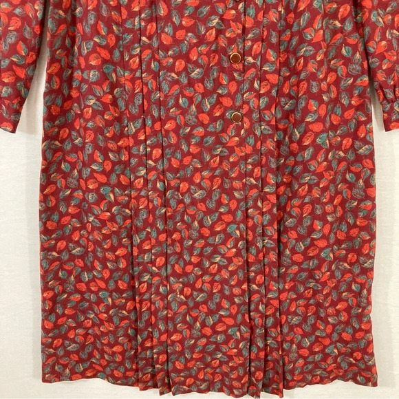 Vintage Red Burgundy Leaf Print Midi Dress size Large - Picture 5 of 9